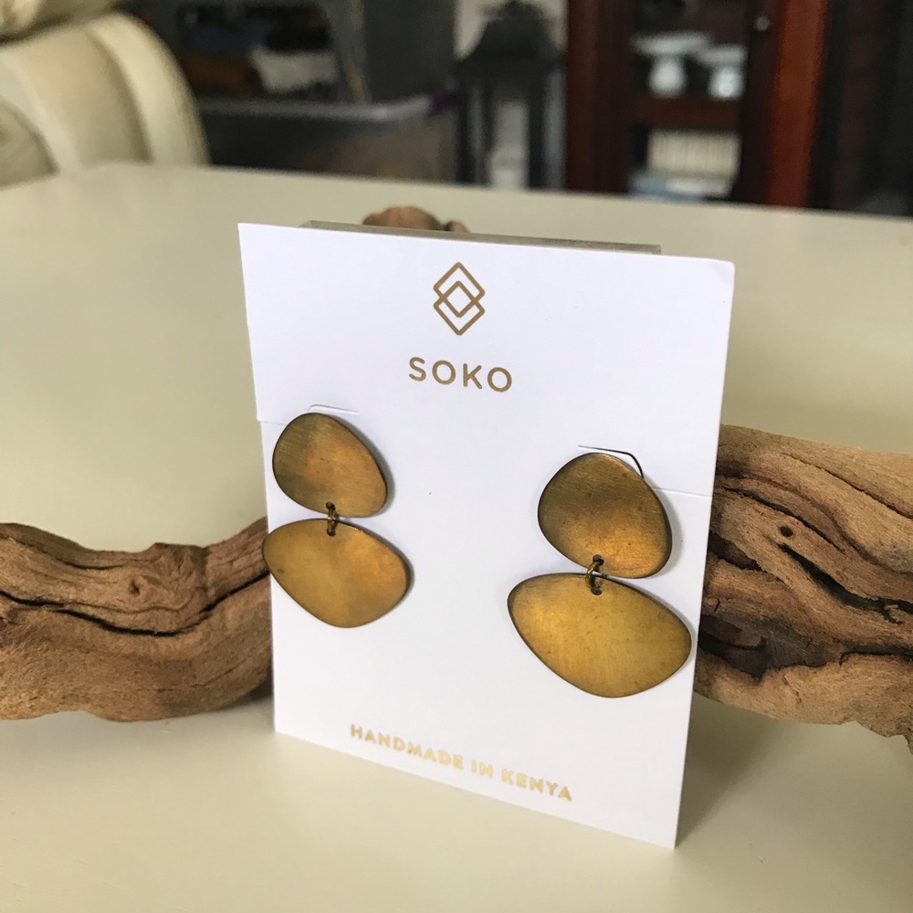 SOKO Handcrafted Brass Drop Earrings Handmade Kenya Earthy Natural Boho Chic